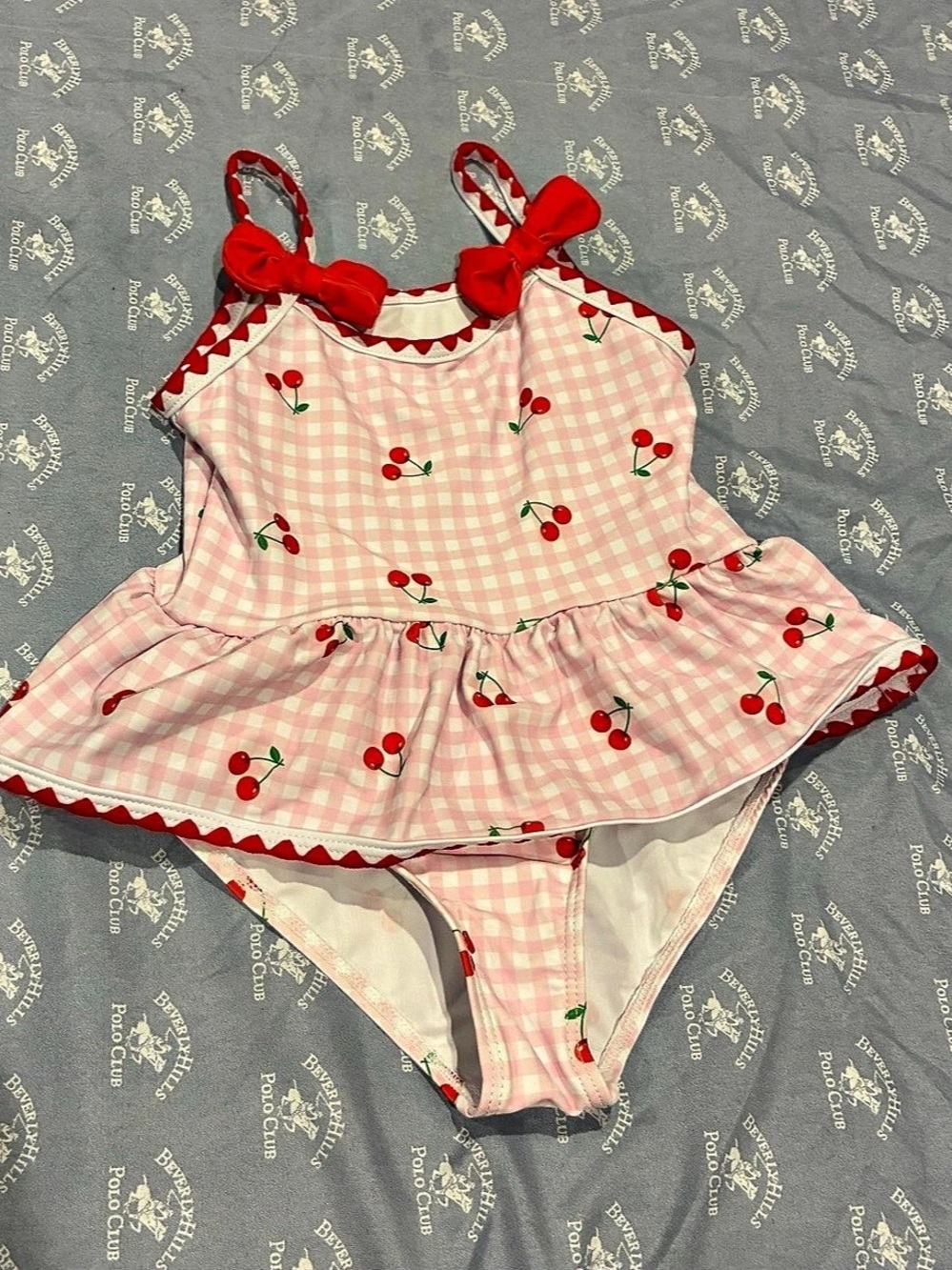 SHEIN Cherry Gingham Bow Trim One-Piece Swimsuit Size 5Y